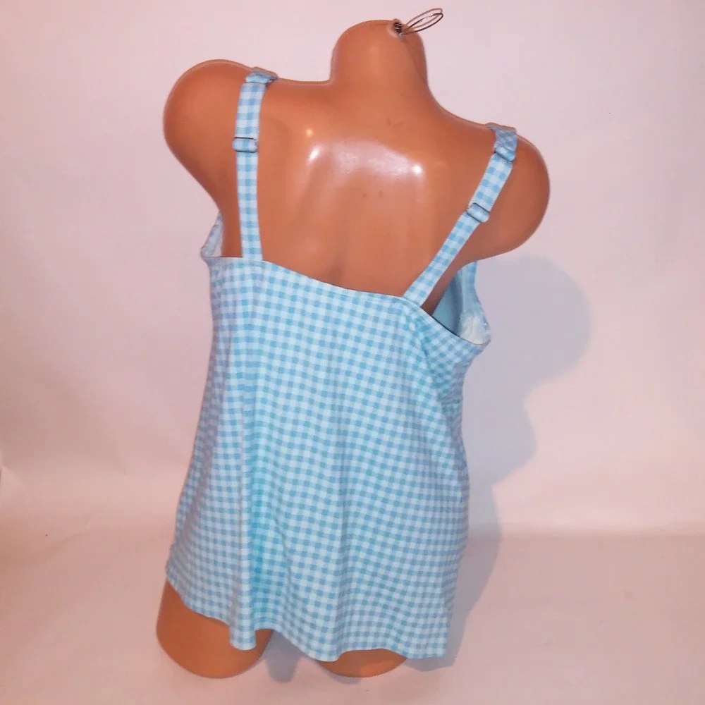 Lands End Swim Tankini Top Size 18W/L Blue Checkered Lightly Lined Underwire